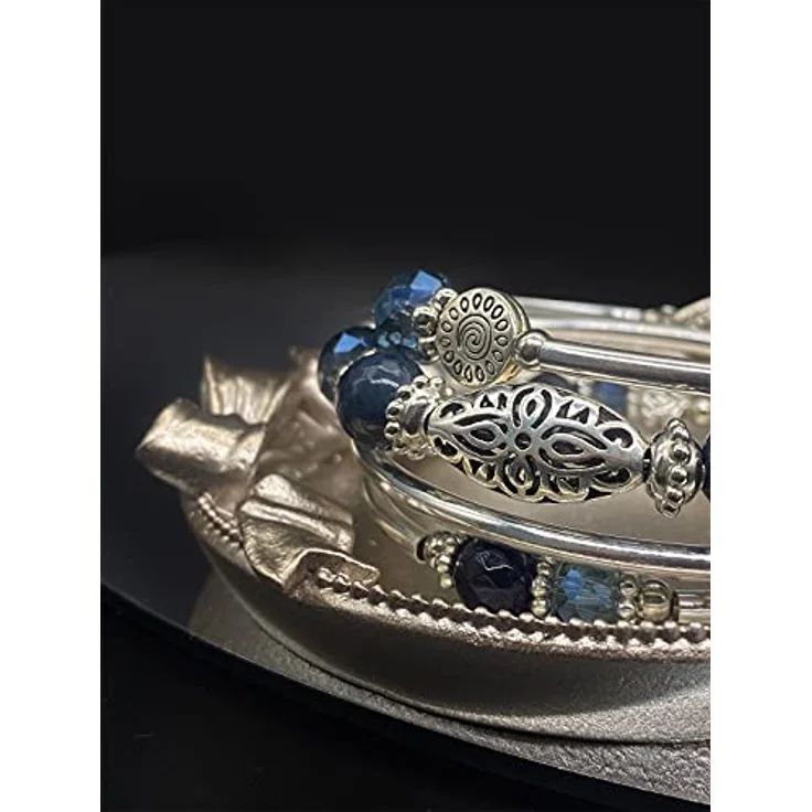 FULU AUTUMN Damen Boho Armband, Mehrschichtiges Perlen Wickelarmband mit Silber und Kristallen, blau – Bild 5
