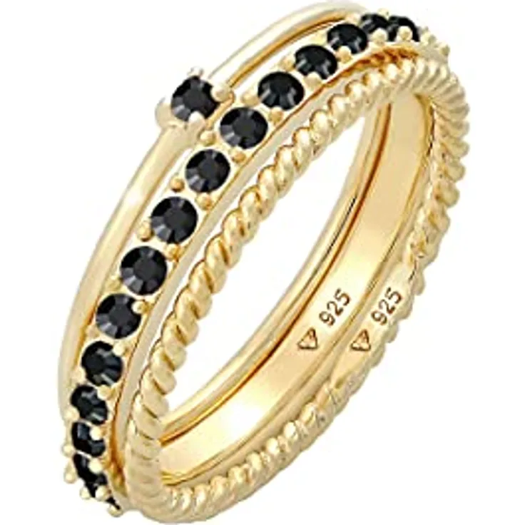 Elli Damenring Stapel Set Elegant Solitär gedreht mit schwarzen Kristallen, 925 Sterling Silber