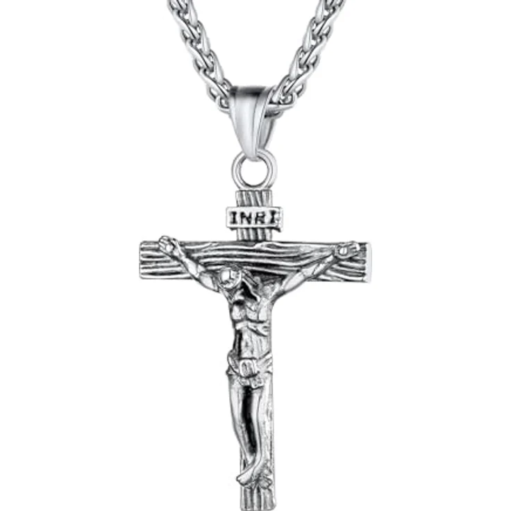 U7 Edelstahl Kreuz Halskette, INRI Kruzifix Jesus Christus Anhänger mit 50+5cm Weizenkette, Silber-Ton, antiallergen und verstellbar – Bild 1