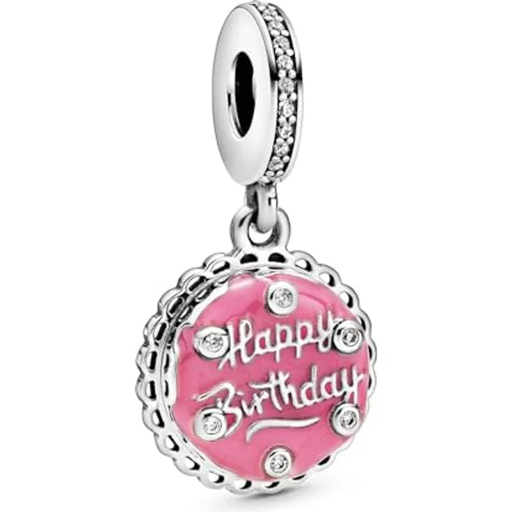 PANDORA Charm "Happy Birthday" Kuchen, Rosafarbene Emaille mit Cubic Zirkonia, Sterling-Silber, 798888C01