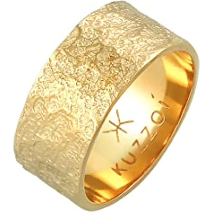Kuzzoi Herrenring Bandring aus 925 Sterling Silber vergoldet, 9 mm, rustikale Struktur, Ringgröße 60 – 66
