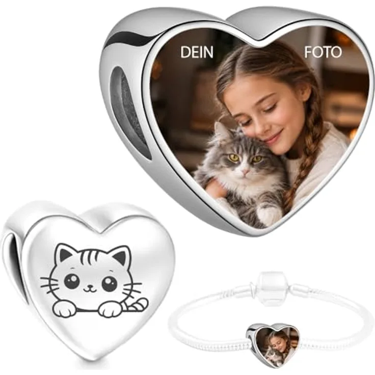 2Burned Personalisiert Foto Charm Liebes Herz aus Edelstahl 316, kompatibel mit Pandora Armband, süßes Kätzchen, wasserfest, 1,2 x 1,2 cm