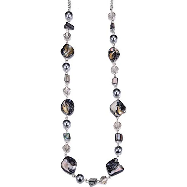 Bulinlin Damen Lange Perlenkette, Boho Silber Metallkette mit Harz- und Glaskristallperlen, 35 Zoll + 3 Zoll Verlängerung, Grau – Bild 1