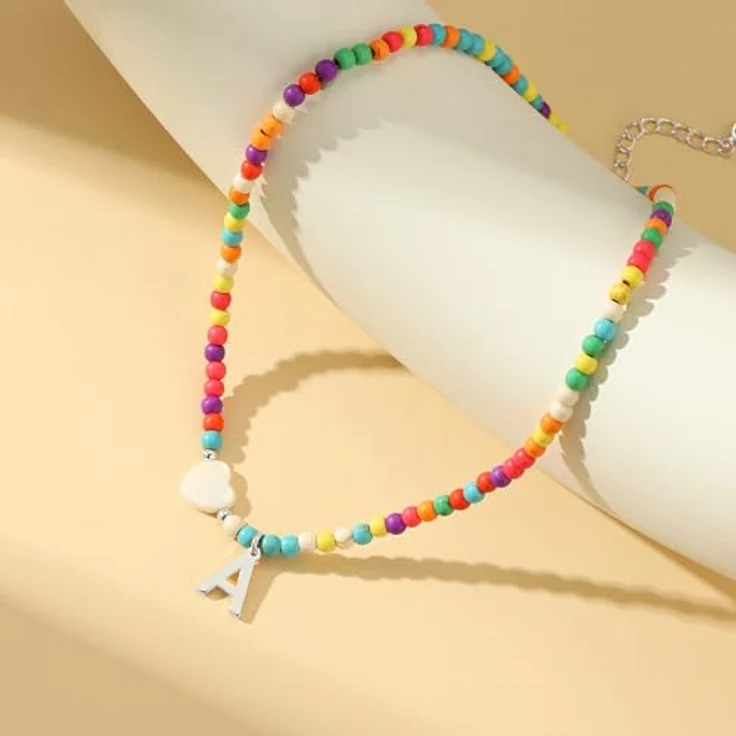TINGN Bunte Perlenkette mit Initiale S, Personalisierte Damen Halskette aus Türkisperlen und Muschelherzen, 14+2 Zoll Choker-Stil, Geschenk für Frauen und Mädchen – Bild 5