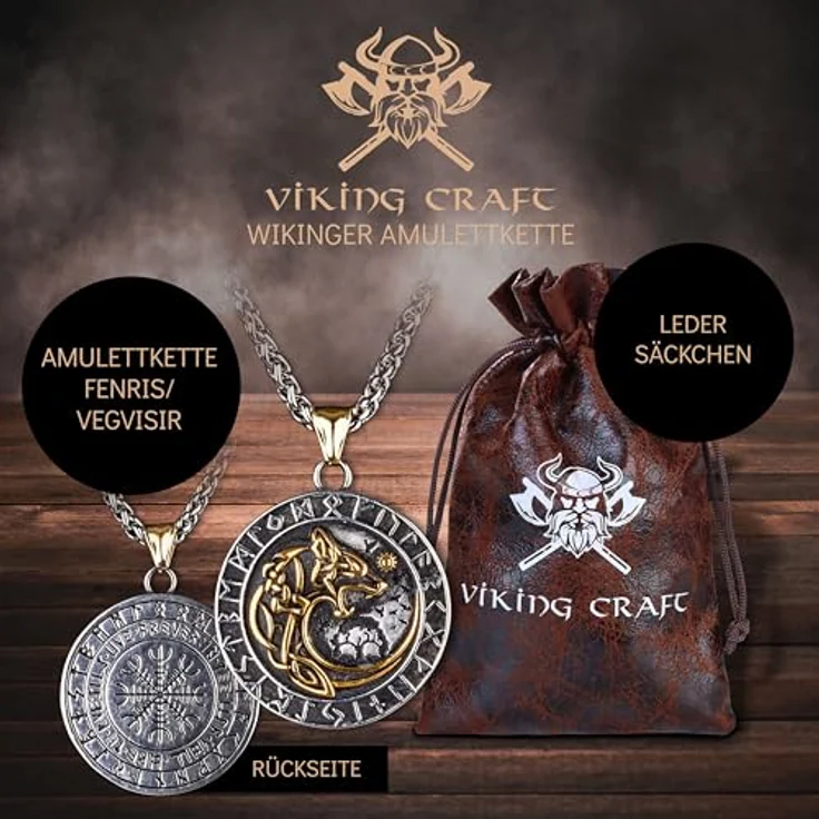 VIKING CRAFT Fenrir + Vegvisir Halskette aus Edelstahl, zweiseitig, 60cm, Wikinger Schmuck mit Wolf Amulett und Kompass, ideal als Geschenk für Männer, LARP Deko – Bild 3