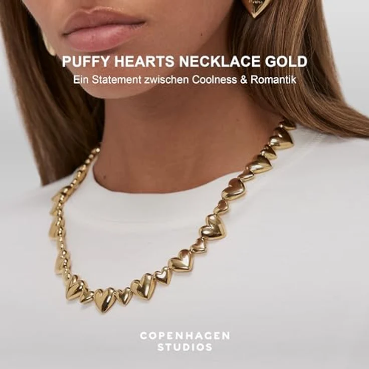 COPENHAGEN STUDIOS Puffy Hearts Halskette - gold - Edelstahl 14K vergoldet, verstellbare Länge, wasserfest & hautfreundlich – Bild 2