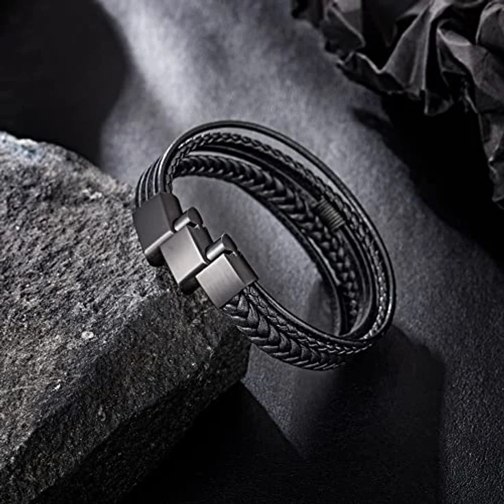 Speroto Herren Lederarmband aus Rindsleder und Edelstahl, geflochten, schwarz, 23 cm – Bild 3