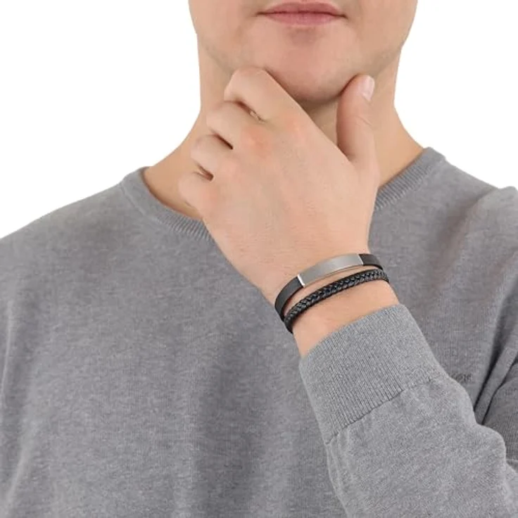 s.Oliver Edelstahl Leder Armband Herren, 18,5+1,5+1,5 cm, Schwarz, mit mattem Finish und Klappverschluss, in Schmuck Geschenk Box, 2036861 – Bild 2
