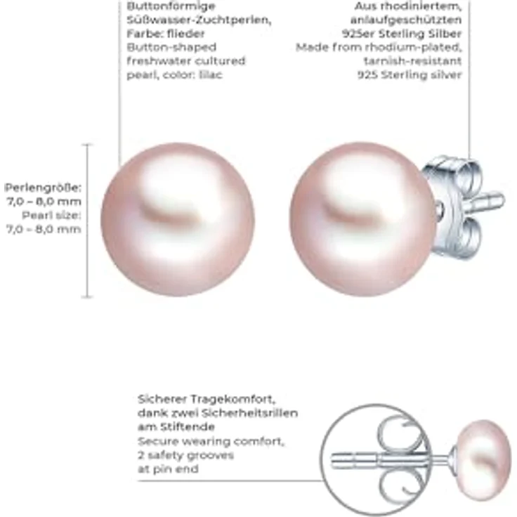 Valero Pearls Damen-Ohrstecker, Süßwasser-Zuchtperlen 7 mm Button fliederfarben, 925 Sterling Silber, elegantes Design mit Schmuckverpackung – Bild 2
