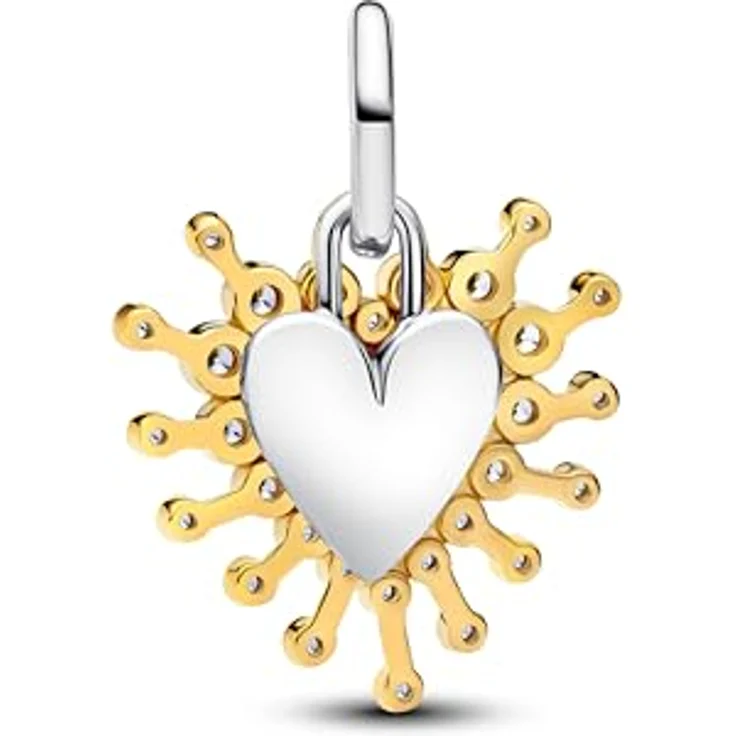 PANDORA Moments Strahlendes Herz Doppelter Charm-Anhänger, Sterling-Silber mit 14K vergoldeter Metalllegierung und Zirkonia, kompatibel mit ME und Moments, 764141C01 – Bild 2