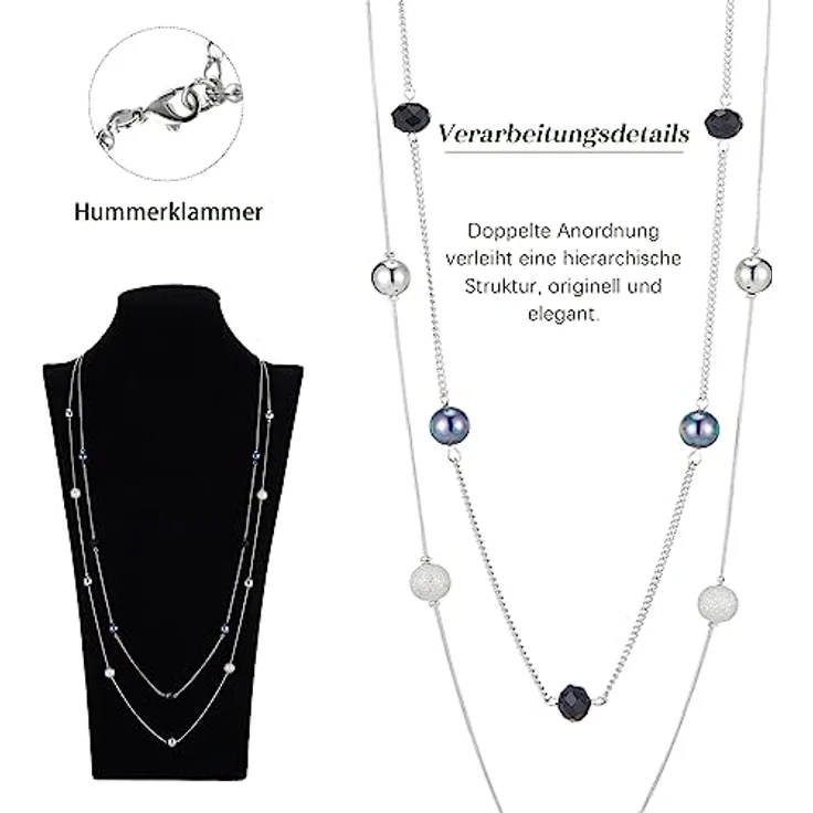 FULU AUTUMN Statement Kette, Lange Perlenkette in Silber, Zwei Strang, Anpassbare Längen 39-43 Zoll, Damen Modeschmuck, Geburtstagsgeschenk, Schwarz – Bild 5