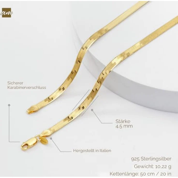 Amberta Flache Schlangen Halskette, 925 Sterling Silber 18K Vergoldet, 4.5 mm, 50 cm, mit Karabinerverschluss – Bild 5