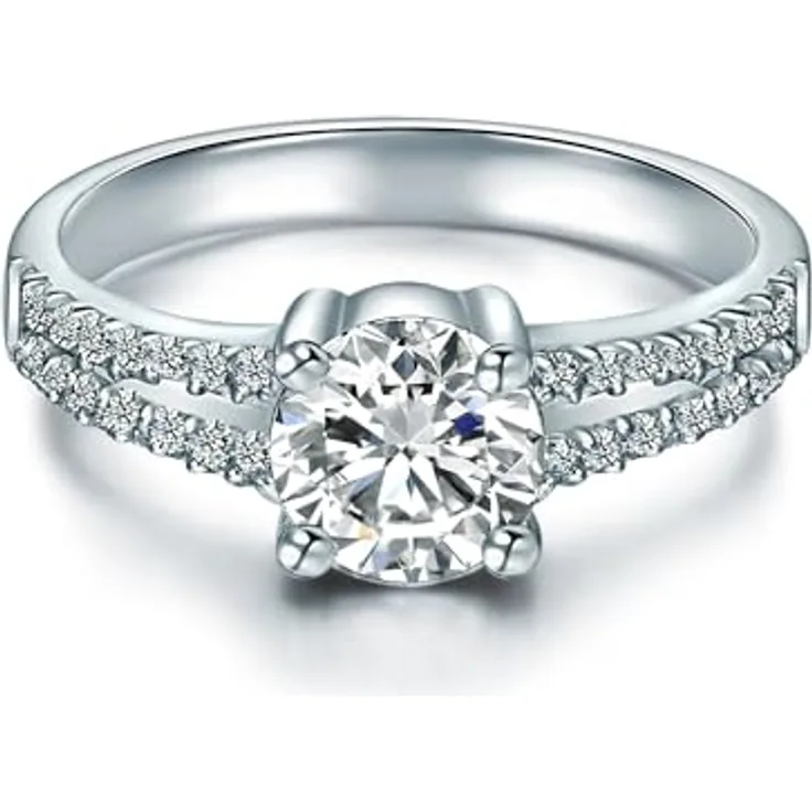 Trilani Damen-Ring Sterling Silber, Zirkonia weiß im Brillantschliff, 3 mm Ringschiene, glamouröser Antragsring und Trauring in Schmuckbox