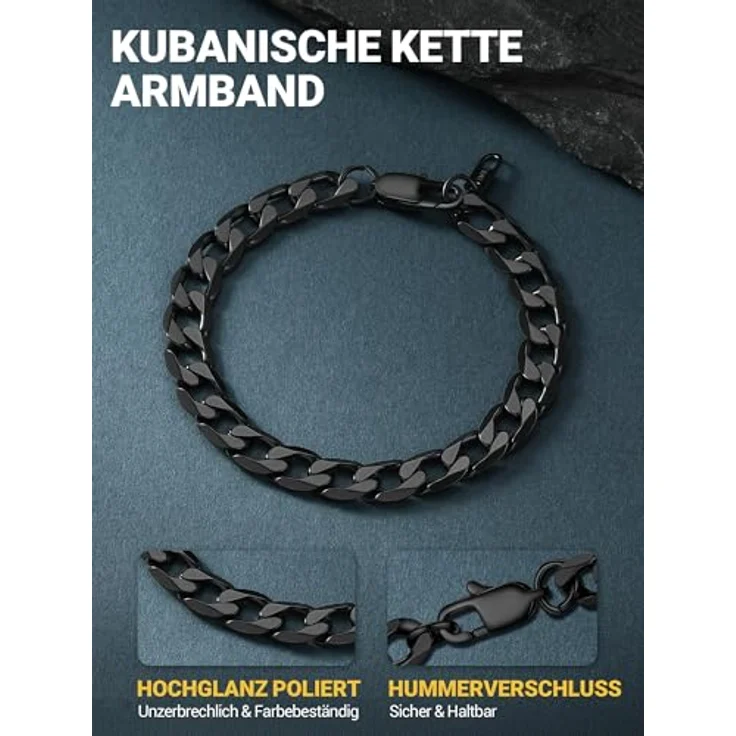 PROSTEEL Panzerarmband Herren 316L Edelstahl, 19cm lang, 9mm breit, schwarz, klassisches Miami Design, wasserdicht – Bild 3