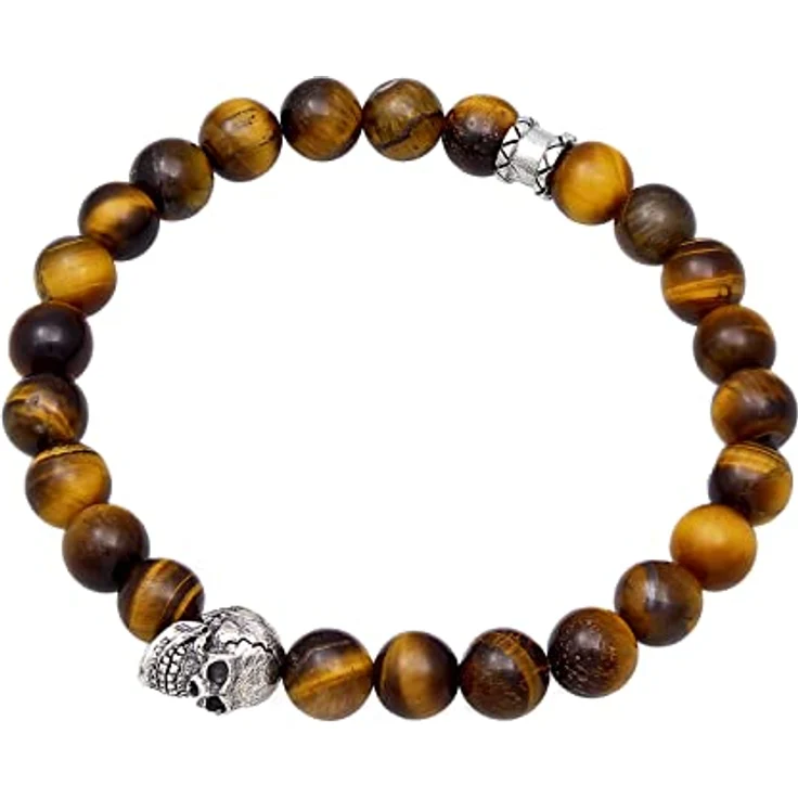 Kuzzoi Buddha Herren Armband Tigerauge (braun), Stretch-Perlen mit 925 Sterling Silber Totenkopf Bead, Chakra Yogaarmband, Länge 21 cm – Bild 2