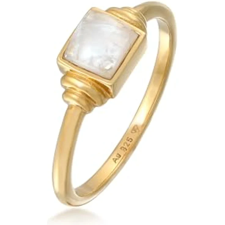 Elli Ring Damen Quadrat Vintage mit Mondstein, 925 Sterling Silber vergoldet, handgefertigt – Bild 1