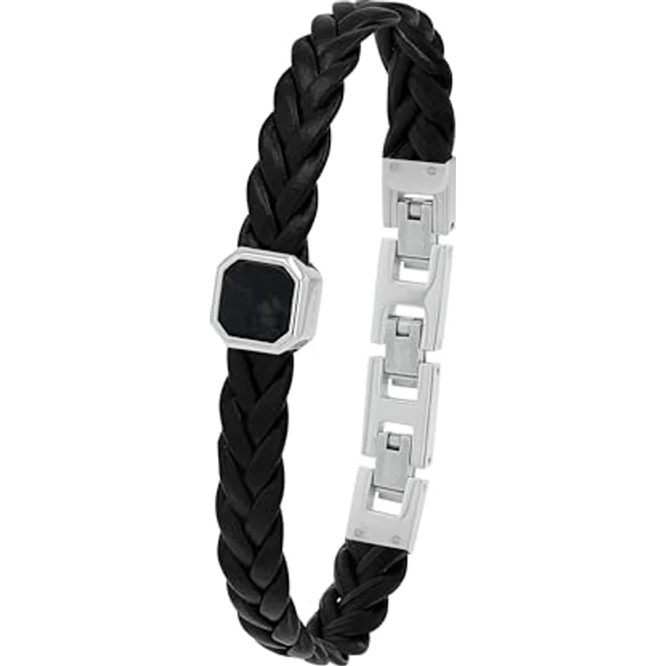 Joop! Herren-Armband Edelstahl mit schwarzem Achteck-Linienstein, 18,5 cm, geflochtenes Rindsleder, Klappverschluss – Bild 1