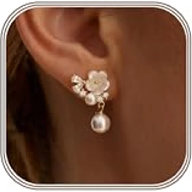 HARJJME Blumen Ohrringe 925 Silber, 14K vergoldet, hängend mit Perlen und Zirkonia, hypoallergen, 5,3 cm lang, Geschenkbox für Frauen