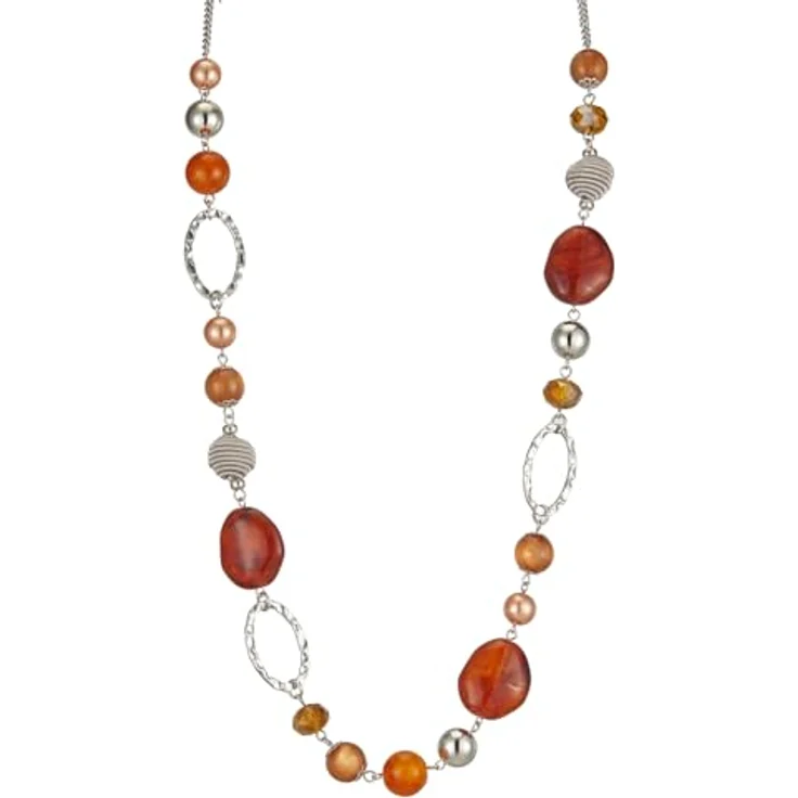Bulinlin Silber Perplen Lang Kette für Damen, Boho Statement Chain Halskette aus Harz- und Metallperlen, 35+3 Zoll, in Rotbraun – Bild 1
