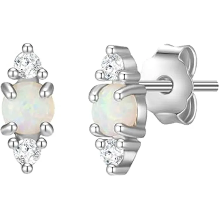 Glanzstücke München Damen Ohrstecker 925/- Sterling Silber rhodiniert mit Zirkonia und weißem Opal (synth.), Raute-Design, ca. 7 mm Höhe