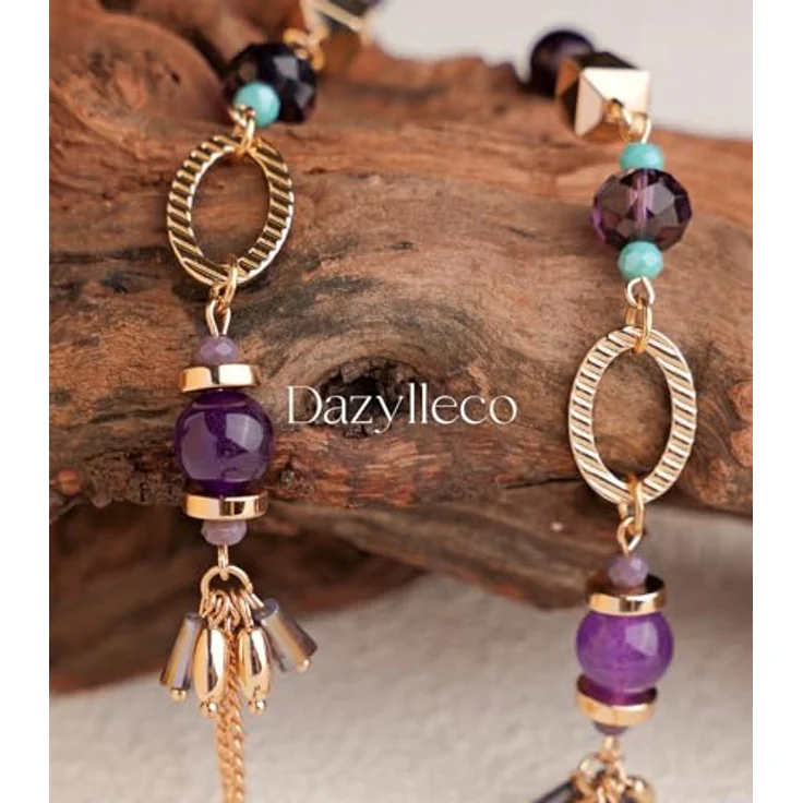 Dazylleco Lange Gold Perlenkette Damen Boho Halskette, 90cm mit Natursteinen und Holzperlen, Geschenke für Mama, lila – Bild 5