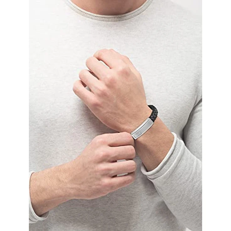 BOSS Jewelry LANDER Armband für Herren, schwarzes Lederarmband mit Edelstahlverschluss und graviertem Schriftzug, 19 cm Umfang – Bild 3