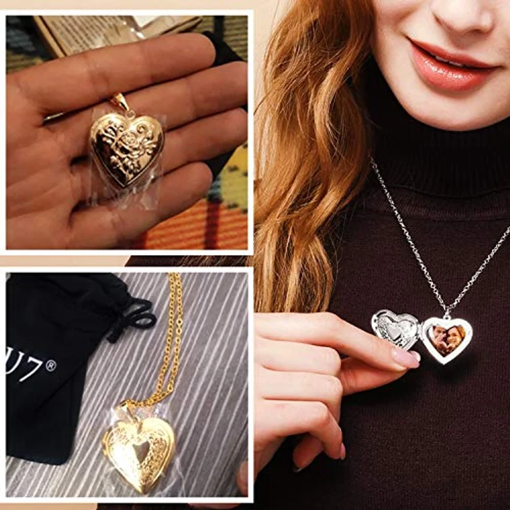 U7 Herz Medaillon zum Öffnen, Rosa Blumen Anhänger für Damen und Mädchen, Weißgold Heart Locket Necklace, 50-55 cm einstellbare Kettenlänge, Vintage Foto Amulett – Bild 2