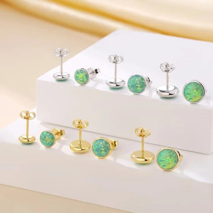 Jiahanzb Opal Ohrringe 925 Sterling Silber, Runde Opal Ohrstecker Grün, Hypoallergene Ohrstecker 8 mm, Vergoldet – Bild 3