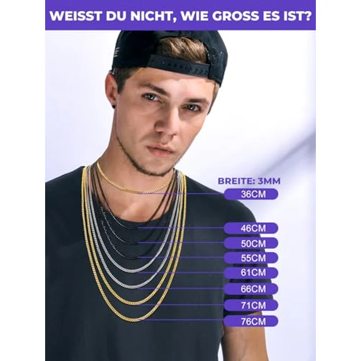 Richsteel Herren Halskette Klassische Panzerkette, 3/6/9/12mm breit, Edelstahl, kubanische Hip-Hop Kette, 36-76cm, in Silber/Schwarz/Vergoldung als Herren Geschenk – Bild 3