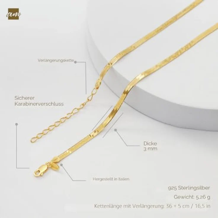 Amberta Flache Schlangen Halskette, 925 Sterling Silber 18K vergoldet, 3 mm, 41 cm – Bild 5