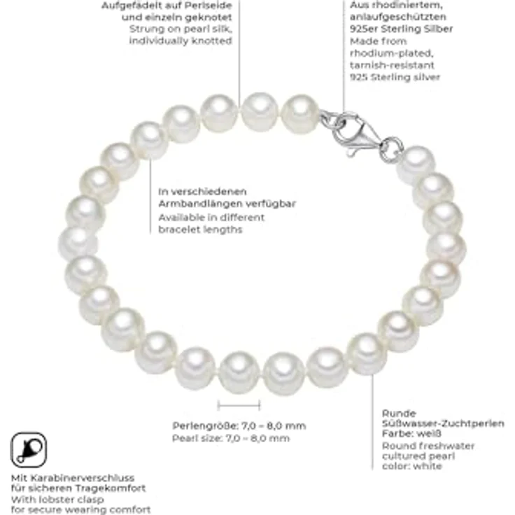 Valero Pearls Damen Perlenarmband aus hochwertigen weißen Süßwasser-Zuchtperlen 7-8 mm, 925 Sterling Silber, klassisches Design mit Karabinerverschluss – Bild 2