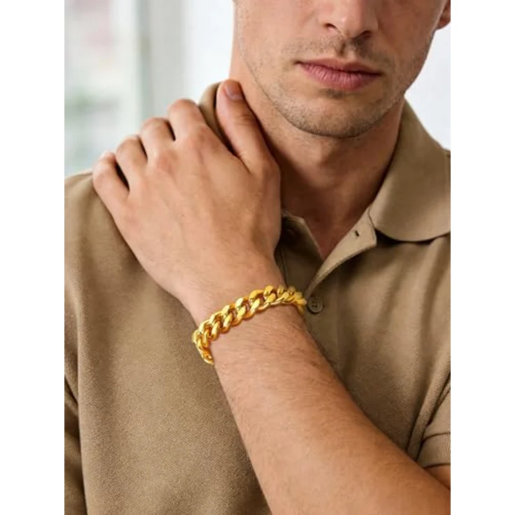 FindChic Gold Armband für Herren 12MM Breit, Kubanisches Glieder Link Armband, 21cm Länge, mit Geschenkbox – Bild 2