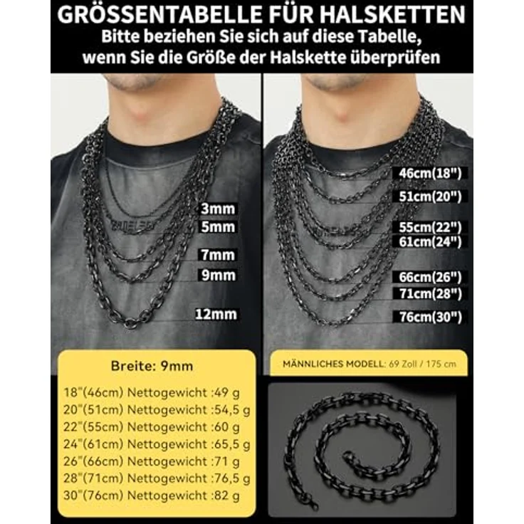 ChainsHouse Anker Kette Schwarz Edelstahl Rolo Kette 9mm Herren, 61cm Gliederkette mit Karabinerverschluss, robust und antiallergen – Bild 5