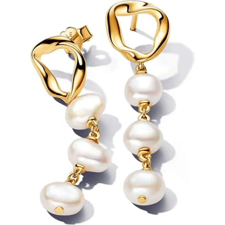 Pandora Essence Ohrhänger, Organisch Geformter Kreis & Barocke Behandelte Süßwasserzuchtperlen aus Sterling Silber mit vergoldeter Metalllegierung