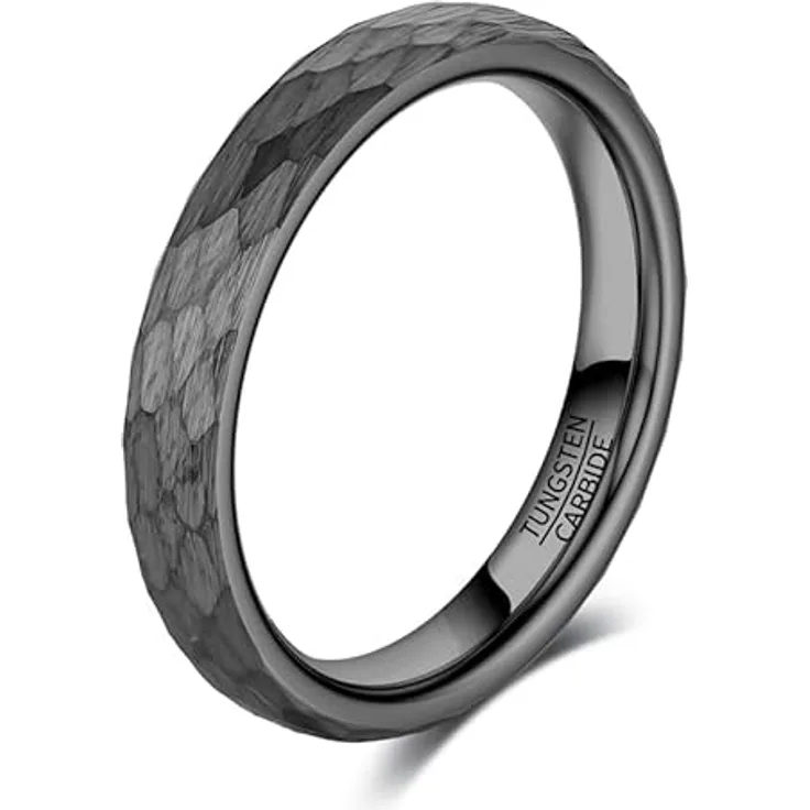 083BASE Wolframkarbid Ring – Hammerschlag-Design, 4mm/6mm/8mm Breite, Unisex, Stahl oder Schwarz, ideal als Verlobungsring oder Partnerring