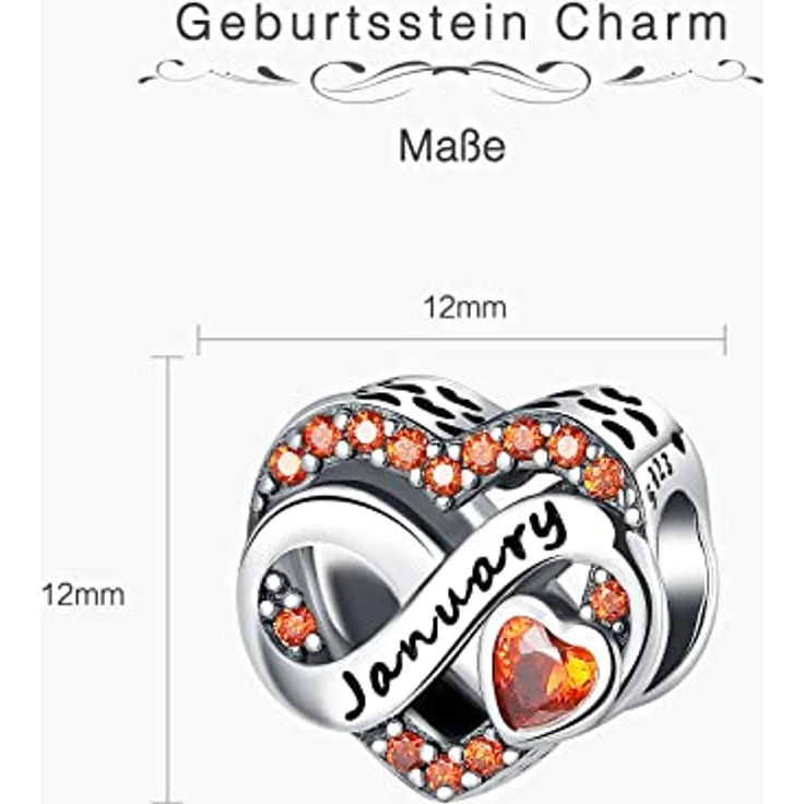 BIZK Januar Unendlichkeit Geburtsstein Charm Anhänger, 925 Sterling Silber mit klaren orange Zirkon Steinen, für Armband und Halskette, perfektes Geburtstag Geschenk für Frauen – Bild 5