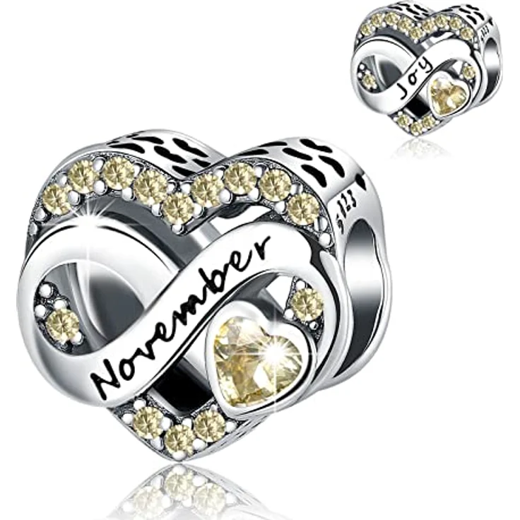 BIZK Damen Unendlichkeit Geburtsstein Charm Anhänger, 925 Sterling Silber mit klaren hellgelben Zirkonsteinen, November Geburtstagsgeschenk für Armband – Bild 1