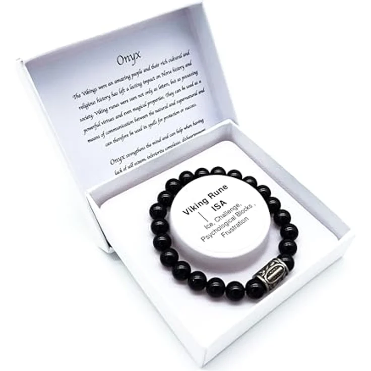 AB Viking Crafts Wikinger Futhark Rune Edelstein Armband, Onyx (18/21 cm) mit Rune ISA in Geschenkbox | Schutz Glück Energie – Bild 2