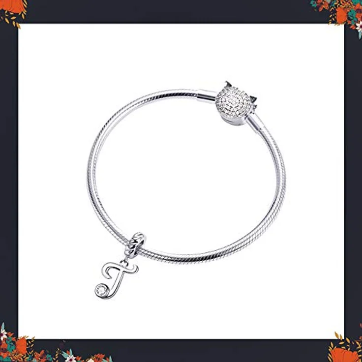 LaMenars Alphabet-Anhänger, Charm Bead aus 925er-Sterlingsilber mit kubischem Zirkonia, Letter T, kompatibel mit Pandora Armband – Bild 2