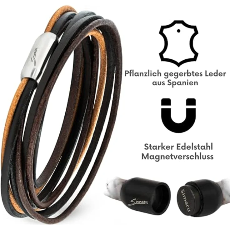 Simaru Designer Lederarmband, Wickelarmband aus pflanzlich gegerbtem Leder mit Edelstahl Magnetverschluss, braun, Größe M, Made in Germany – Bild 3