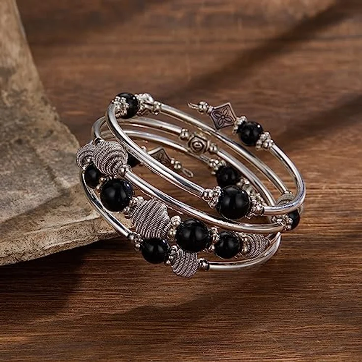 Bulinlin Wickelarmband aus Silber mit Naturstein Perlen, Boho Stil, mehrschichtig, Schwarz, für Damen, Geschenkbox enthalten – Bild 4