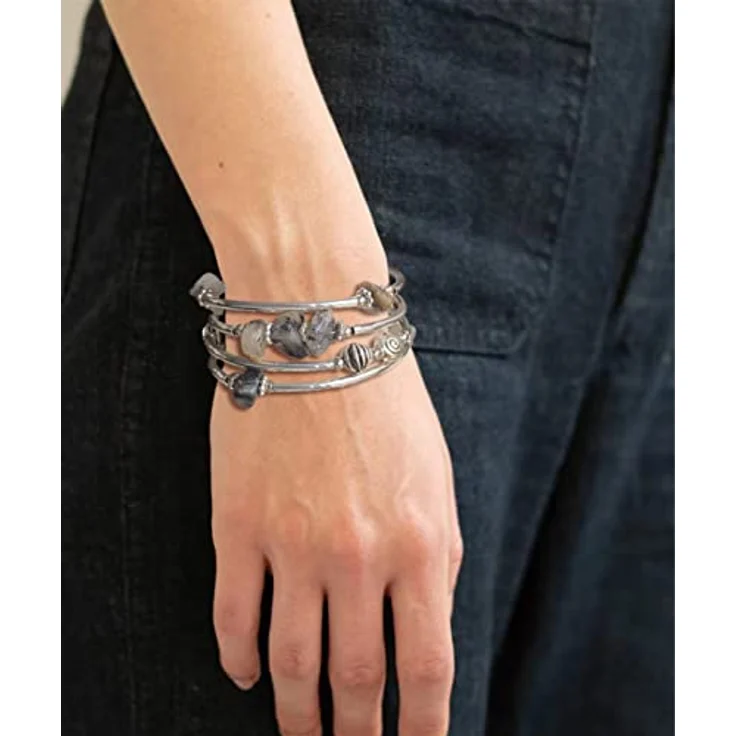 FULU AUTUMN Damen Boho Armband mit mehrlagigen Perlen aus Silber, Wickelarmband aus Natursteinen, Geschenkbox, grau – Bild 5