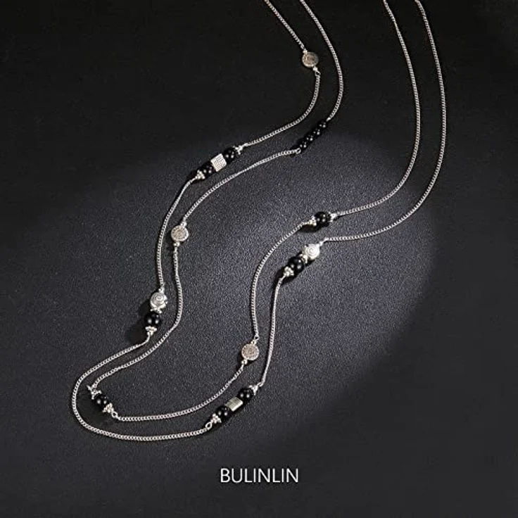 Bulinlin Damen Lange Perlen Kette Statement Halskette 36,5 Zoll mit Silber Anhänger - Modeschmuck in Schwarz als Geschenk für Frauen – Bild 2