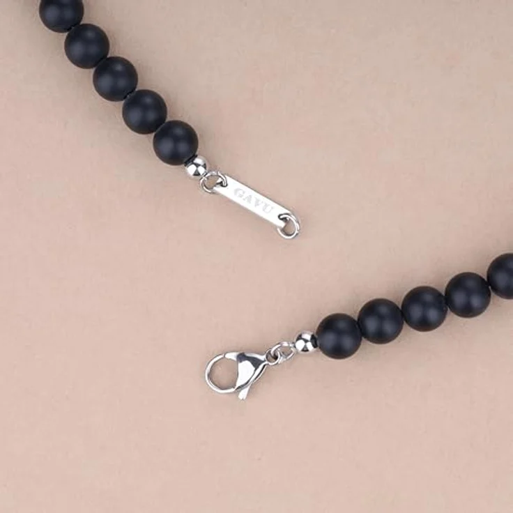 GAVU Matter Onyx Halskette, 60 cm Herren Steinkette mit 8mm matted schwarzen Onyxperlen und Edelstahl Fleur De Lis Perlen, handgefertigt, wasserdicht, in Geschenkbox – Bild 5