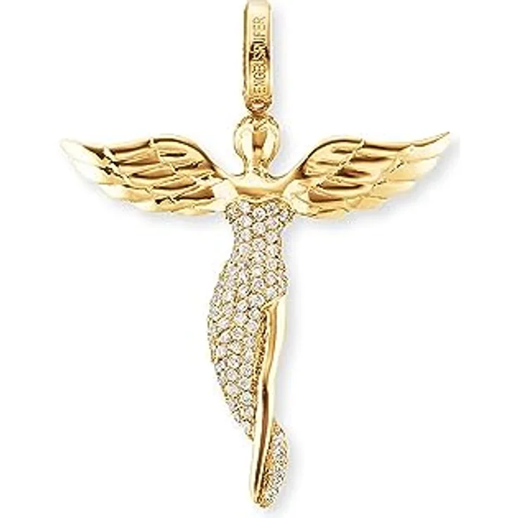 Engelsrufer Damen Engel Anhänger aus 18K vergoldetem Sterling Silber, besetzt mit 72 Zirkonia Steinen, Ösenverschluss, nickelfrei