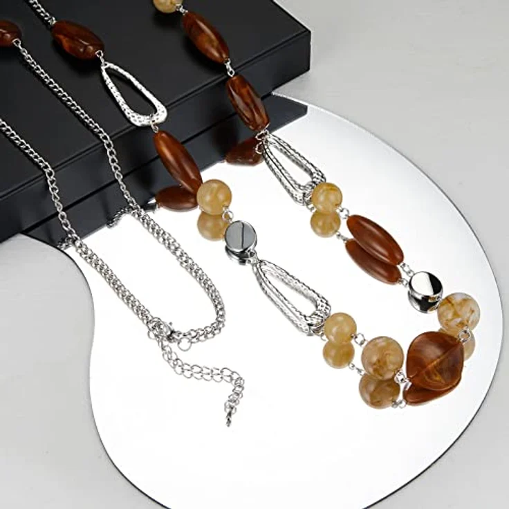FULU AUTUMN Lange Perlenkette Damen Boho Statement Schmuck, 35 Zoll mit Karabinerverschluss, Camel Brown – Bild 3