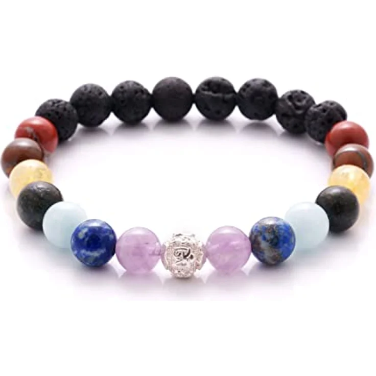 BERGERLIN 7 Chakren Armband, echtes Naturstein Armband mit 8mm Lavastein und 925 Silberperle, Größe M-L – Bild 1