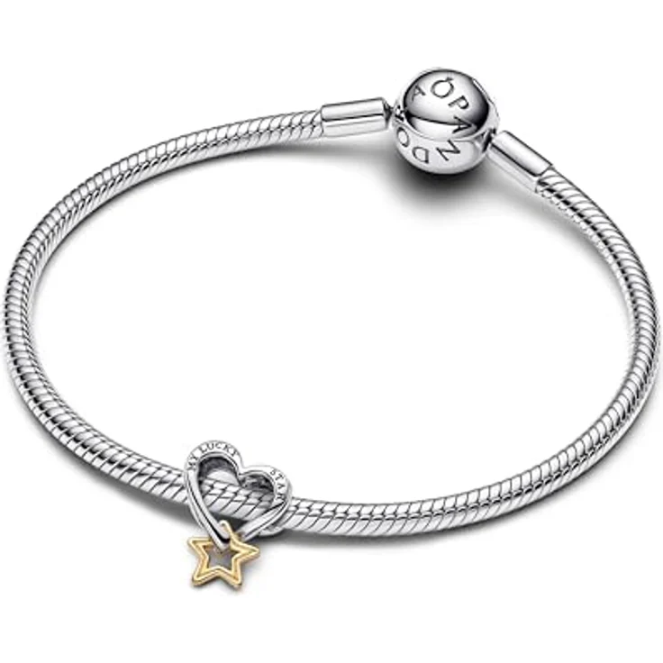 PANDORA Moments Lucky Star & Herz Charm, Sterling Silber mit vergoldeter Metalllegierung, graviert mit „MY LUCKY STAR“, kompatibel mit Moments Armbändern, 763513C00 – Bild 3