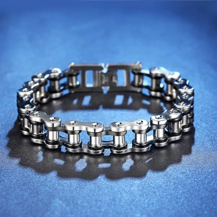 OSTAN Herren Edelstahl Armband, Fahrradkette Biker Gliederkette in schwarz + silber, 21.5 cm Länge, anti-allergisch und hoch poliert – Bild 2