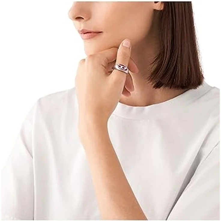 Diesel Herrenring, rotes Emaille und Edelstahl Signet Ring, Größe 21, poliert, silberfarben – Bild 3